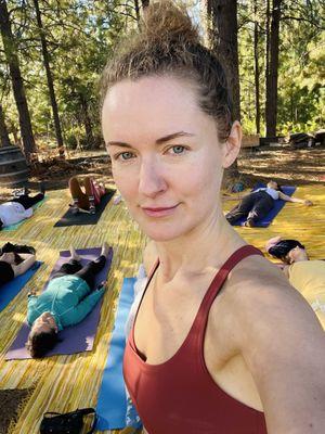 Outdoor breathwork class with eleven participants. Goals: nervous system balancing and lymphatic drainage.