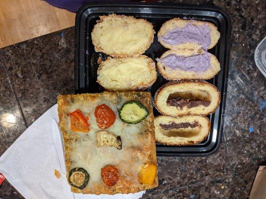 Fillings of Crunchy cream, ube and azuki, and focaccia