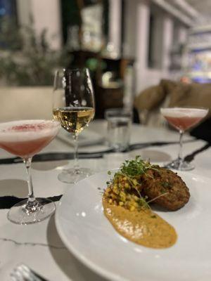 Clover Club cocktail and jackfruit crab cake