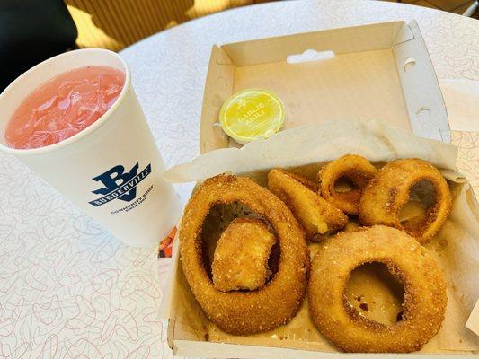 Fresh Raspberry Lemonade and Walla Walla Onion Rings