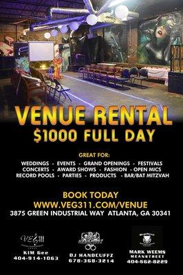 Venue Rental Warehouse and Stage
 
 Atlanta cheap venue rental a great place for parties, events, and shows at a low price.