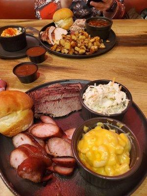 2 meat plate with macaroni and cheese, and coleslaw