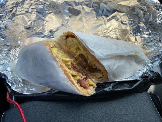 Turkey bacon am egg and cheese on a hero