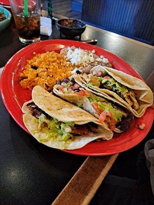 Carnitas Tacos,  Beans,  Rice