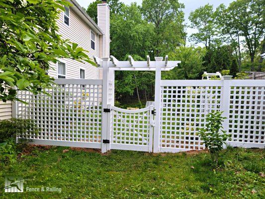 Lattice PVC fence, gate with flat top arbor