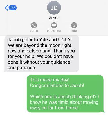 UCLA and Yale: College Admissions Consulting Result