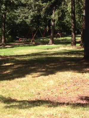 Part of the play area. There's some swings, a merry-go-round, teeter totters, and a slide.