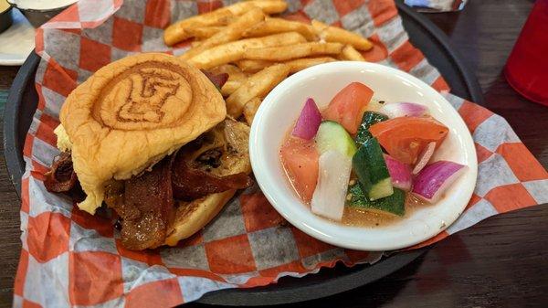 PB&J burger with tomato cucumber salad