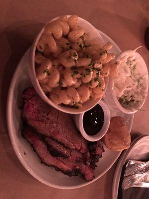 Brisket platter with corn bread, coleslaw, and Mac n cheese.