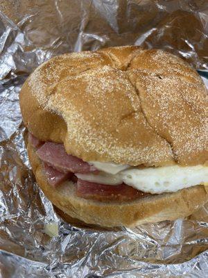 Pork roll , egg and cheese on a Kaiser