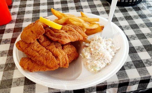 3 piece fried catfish with fries and Cole slaw