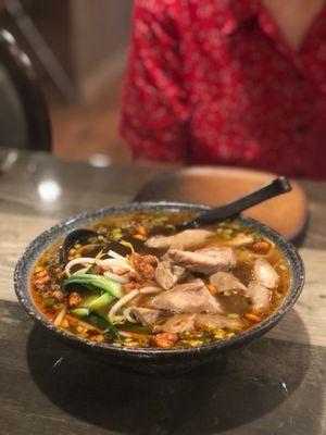 Sweet potato noodle soup with pork intestine