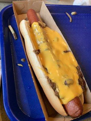 Walt's Chili on Foot-long Cheese Dog