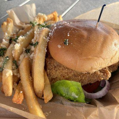 Grouper sandwich- fried, with garlic Parmesan fries