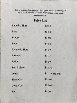 Price list as of January 2019