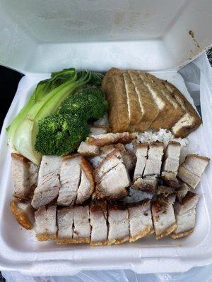 Roast pork plate with a slice of spicy tofu (hits the spot)