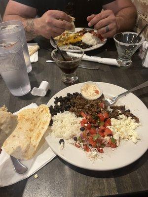 Espresso martini and Carne Asada tacos with beans and rice