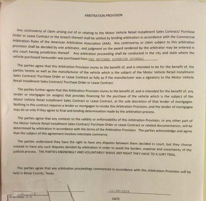 The "Arbitration Provision" form giving away your Rights that must be signed to be able to buy any vehicle from any Red McCombs dealership!