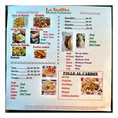 Menu La Trailita . ( Diversey Ave/Austin Ave) Mexican Food. Tacos Burritos Tortas Tostadas Fajitas Burgers Gorditas Breakfast . Cool!