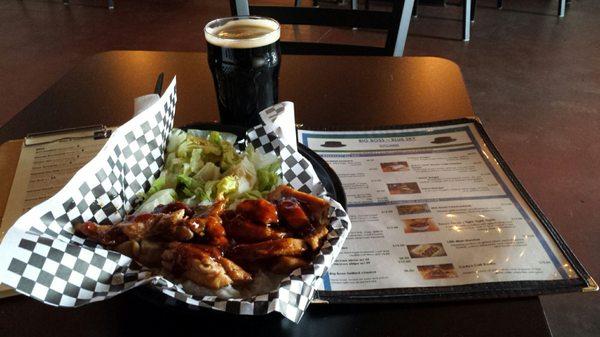 Big Boss Hotlinks chicken teriyaki basket accompanied by a pint of Brew Lab 101 stout.