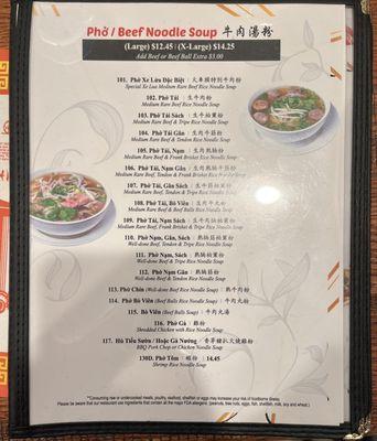 Pho/ Beef noodle soup menu