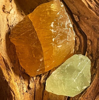 Honey Calcite for will, mind and fire. Green Calcite for balance, flexibility and transformation.