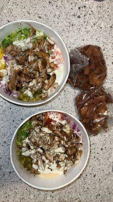 Two Chicken Shawarma Bowls and Two Pita Chips