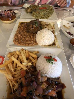 Lomo Saltado , arroz con pollo, seco de carne con frijoles.