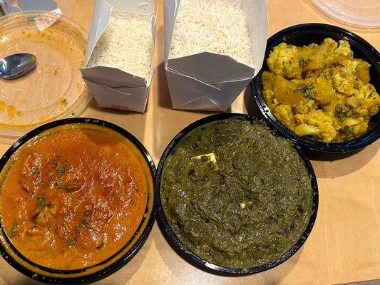 Our pickup order, Butter chicken, Palak paneer (spinach cheese), Aloo gobi