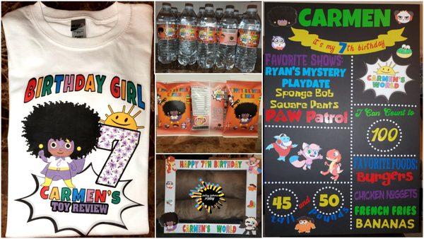 Ryan's World (Carmen's World) Birthday T-shirt, Water Bottles, Chip Bags, Foam Board, and Photo Prop Frame