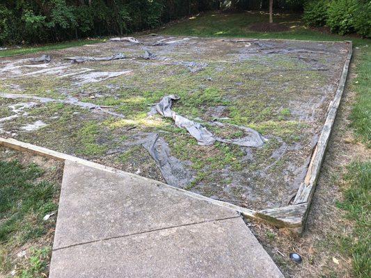 To the right of this picture is a grill on the left is a rotten wooden bench. Picnic area?