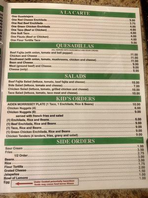 New Menu, updated prices