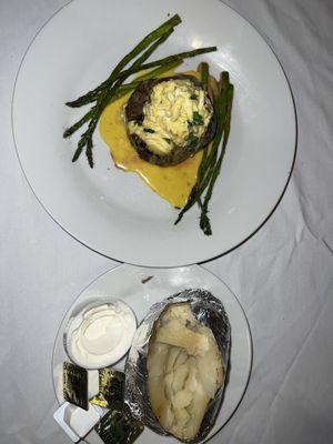 Filet Oscar with asparagus and a baked potato