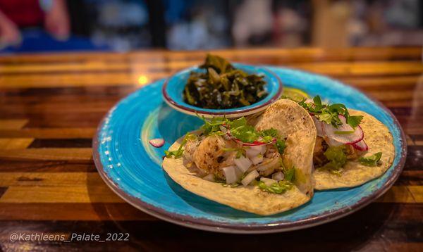 Grilled Shrimp and Fish Tacos with Duck Fat Braised Collard Greens