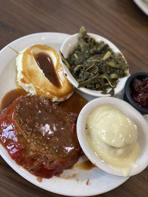 Meatloaf w mashed potatoes, cornbread dressing, and turnip green