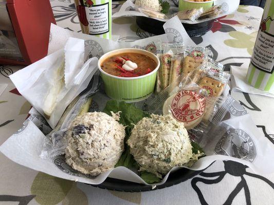 Lauryns Lemon Basil Chicken Salad, Fancy Nancy Chicken Salad and Chicken Tortilla Soup with my pickle and the picky eater's pickle too.