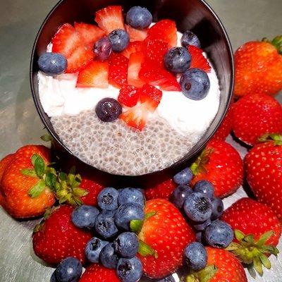 Chia bowl vehan and gluten free.  Served with fresh fruit