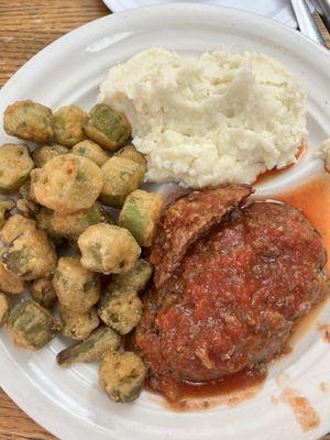 Meatloaf, Mashed Potatoes, fried okra