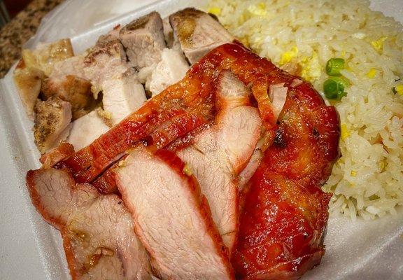 2-meat combo plate with barbecue meats (char siu & roast pork)