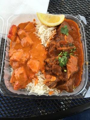 Chicken tikka masala and goat curry.  Two entrees split across two containers.