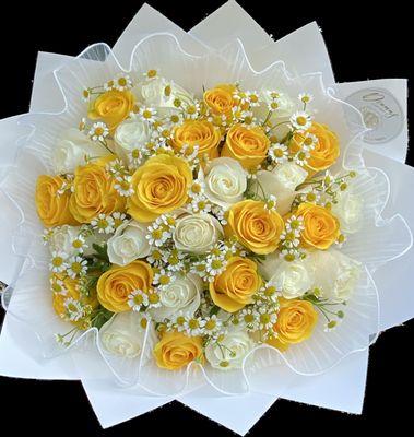 25 count yellow and white rose with chamomile