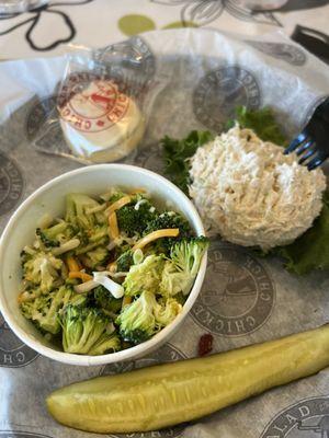 Broccoli salad, chicken salad, cookie