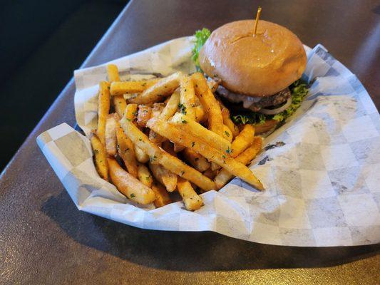 Wine burger with garlic fries