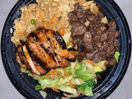 Two Proteins Bowl (Large Only) Teriyaki Chicken and Steak with Half Fried Rice Half Vegetables