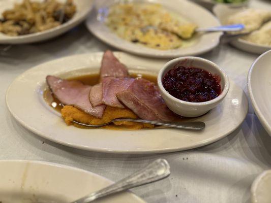 Ham with Sweet Potatoes & Cranberry Relish.