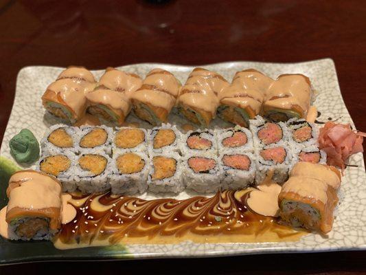 Pings roll, spicy tuna roll, and spicy salmon roll