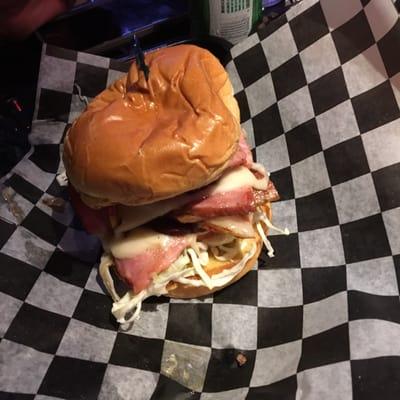 Hot Ham Sandwich...layer upon layer of thick cut ham and bacon with cheese