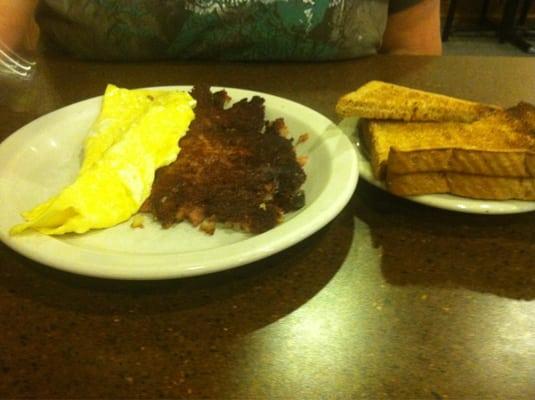 Burned corned beef, well toasted toast