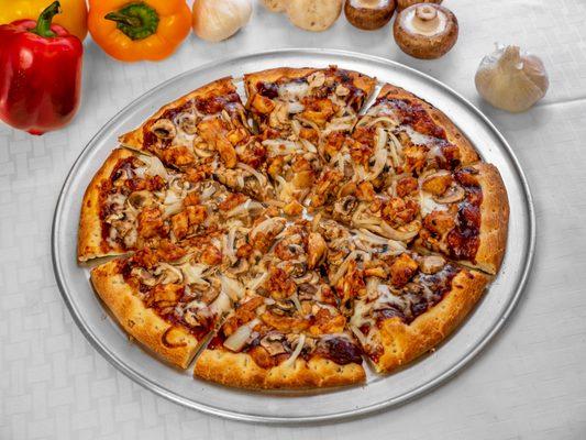 BBQ Chicken: Sweet & Bold BBQ Sauce, Fresh Mushrooms, Onions and BBQ Marinated Chicken Breast.