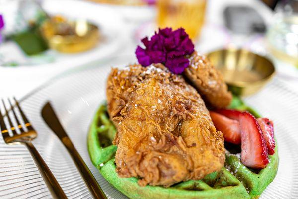 RBF: Resting Brunch Face ($23) Fried Chicken, Pandan Waffle, Cà Phê Sữa Đá syrup, & topped w/ berries